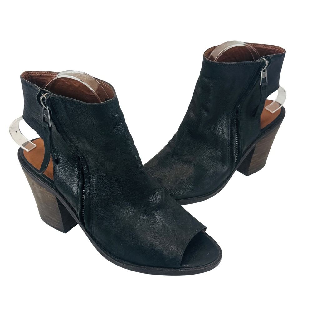 Lucky Brand Terrie Peep Toe Leather Booties Women's 8.5M Black Boho Chic‎ Grunge